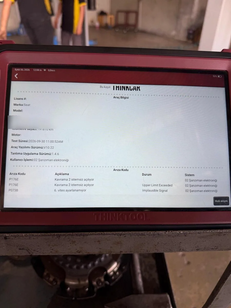 Arıza tespit cihazında şanzıman elektroniği arıza kodları